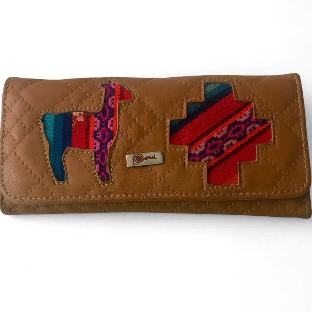 Hand made brown wallet with llama and cross design